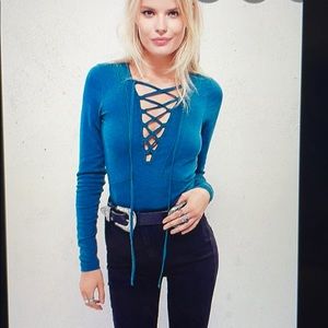 Free people Lucky lace-up long sleeve teal lace up